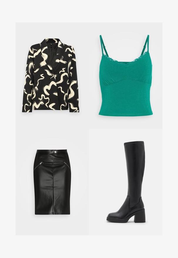 Schwarze Blazer mit cremefarbenem abstraktem Pinselstrichmuster, ausgestattet mit einem Schal-Kragen, einem Einzelknopfverschluss und einem strukturierten Stoff.; Hollister Co. BARE TRIM RUCHED BUST CUPS - Top - pepper green; Schwarzer Leder-Bleistiftrock mit glatter Textur, ausgestattet mit zwei Reißverschlusstaschen auf der Vorderseite und einer taillierten Silhouette.; Call it Spring BRITNAY - Plateaustiefel - black