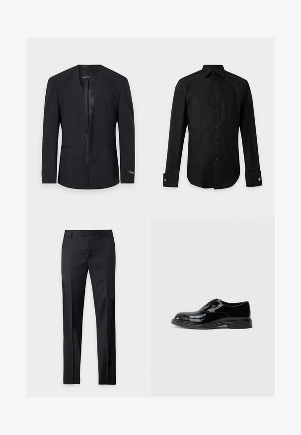 Blazer noir sur mesure à manches longues, fermeture éclair à l'avant et coupe slim, présenté sur un fond clair uni.; Chemise noire à manches longues avec boutonnière devant, col italien et poignets mousquetaires avec boutons de manchette carrés sur un fond gris clair.; Pantalon de costume noir ajusté slim avec passants de ceinture et pli devant, présenté sur un fond clair uni.; Chaussure Oxford en cuir verni noir à texture lisse, bout rond et lacets fins. Dispose d'un talon empilé et de détails de coutures minimales.