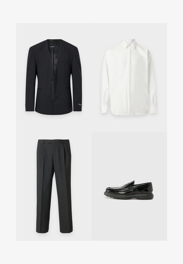 Blazer noir sur mesure à manches longues, fermeture éclair à l'avant et coupe slim, présenté sur un fond clair uni.; Chemise blanche à manches longues avec col pointu et poignets boutonnés, présentée à plat sur un fond gris clair.; Pantalon noir en tissu lisse, avec une coupe droite, un devant plissé et une taille standard avec passants pour ceinture.; Mocassin en cuir noir avec une finition brillante, bout arrondi, détails de couture subtils et semelle en caoutchouc épaisse pour la durabilité.