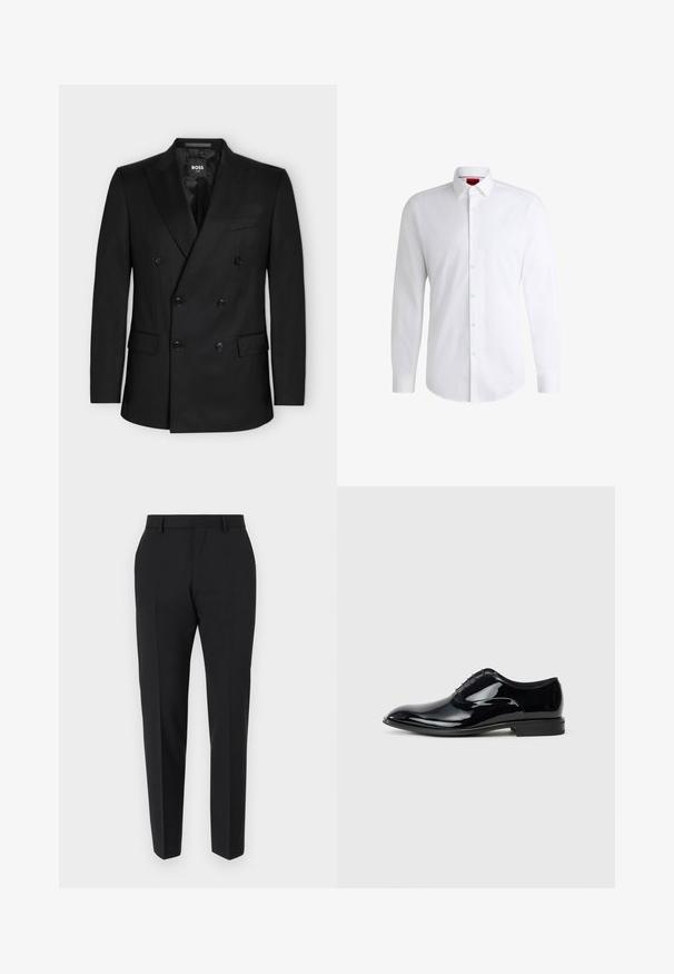 Blazer noir croisé à six boutons, revers crantés, deux poches avant à rabat et une poche poitrine, étiqueté BOSS ONE à l'intérieur du col.; Chemise blanche à manches longues en tissu lisse avec un col classique et un ourlet arrondi. Présente des boutons beiges à l'avant.; Pantalons noirs au design ajusté, avec un devant plat, des détails de plis et une coupe élégante. Fabriqués en tissu lisse pour un look raffiné.; Chaussure habillée en cuir verni noir avec un design épuré, bout pointu et six œillets pour les lacets ; surface lisse et talon bas.