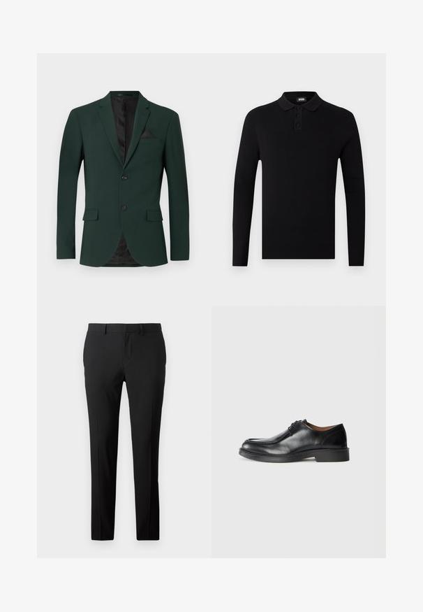 Mørkegrøn blazer med to knapper, almindelige slag og en enkelt brystlomme. Indvendigt er der en sort foring. Glat stofstruktur.; Sort langærmet polo-shirt med ribbet tekstur, tre-knaps placket og en blød krave. Enkel og alsidig design.; Skræddersyede sorte bukser i et glat stof. Har et lige ben-design, frontfald og bæltestropper til justerbar størrelse.; Sorte lædersko med rund tå, glat overflade, snøre detaljer og en lav, tekstureret gummisål. Rene linjer og minimalistisk design.