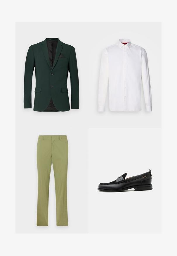 Blazer verde oscuro con dos botones, solapas de muesca y un solo bolsillo en el pecho. El interior tiene un forro negro. Textura de tela suave.; Camisa blanca de manga larga hecha de algodón, con un collar clásico, placket frontal con botones y una textura suave. Detalle interior del collar en rojo.; Pantalones ajustados de color verde oliva con trabillas para cinturón, cremallera frontal y perneras rectas, extendidos sobre un fondo claro.; Mocasín de cuero negro con detalle de tira gris, tacón bajo y suela texturizada, con la marca "HUGO" en oro en el lateral.