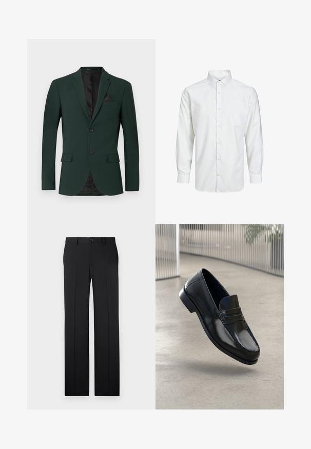 Mørkegrøn blazer med to knapper, almindelige slag og en enkelt brystlomme. Indvendigt er der en sort foring. Glat stofstruktur.; Hvid skjorte med lange ærmer, knaplukning, spids krave og knapper ved manchetterne, vist på en ensfarvet hvid baggrund.; Sorte, skræddersyede bukser med lige ben, glat stof, pressefolder foran og en enkelt knaplukning i taljen.; Sorte læder loafers med en glat finish, rundet tå, dekorative syninger og en let forhøjet ydersål.