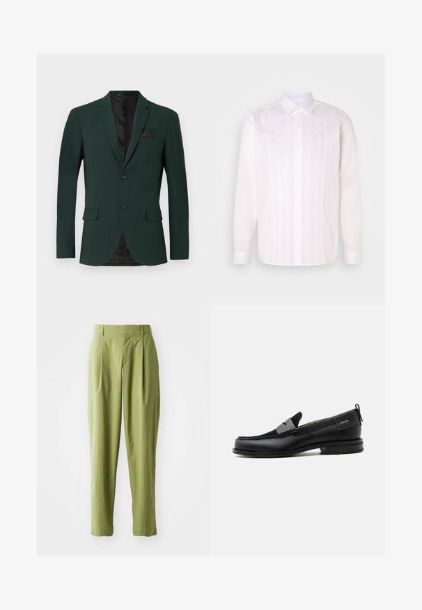 Mørkegrøn blazer med to knapper, almindelige slag og en enkelt brystlomme. Indvendigt er der en sort foring. Glat stofstruktur.; Hvid langærmet skjorte med klassisk krave, der har lodrette pintuck-detaljer og knaplukning foran.; Lys grønne bukser lavet af et struktureret stof, med en lige form, folder foran og en standard talje.; Sort læderloafer med grå remdetalje, lav hæl og tekstureret sål, mærket med "HUGO" i guld på siden.