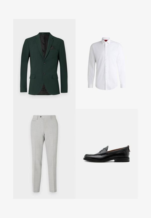 Mørkegrøn blazer med to knapper, almindelige slag og en enkelt brystlomme. Indvendigt er der en sort foring. Glat stofstruktur.; Hvid skjorte med knapper lavet af glat stof med klassisk krave, lange ærmer og rundet kant. Har beige knapper foran.; Grå skræddersyede bukser med et subtilt ternet mønster, lavet af letvægtsstof. Har knaplukning og sidelommer. Slim fit silhuet.; Sort læder herre loafer med moc-tå syning, penny strop, struktureret krave og lav stablet hæl på hvid baggrund.
