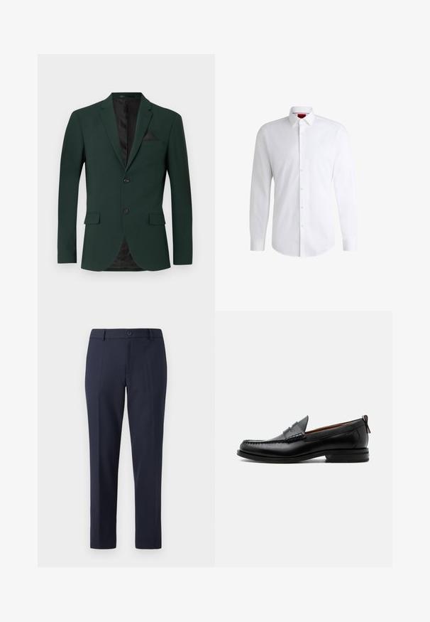 Blazer verde oscuro con dos botones, solapas de muesca y un solo bolsillo en el pecho. El interior tiene un forro negro. Textura de tela suave.; Camisa blanca de botones, confeccionada en tela suave, con collar clásico, mangas largas y dobladillo curvado. Presenta botones beige en la parte delantera.; Pantalones de marina hechos de una tela suave, con un corte recto, presillas para cinturón y un cierre de botón único en la cintura.; Mocasín de hombre de piel negra con costura moc toe, tira penny, cuello texturizado y tacón bajo apilado sobre fondo blanco.