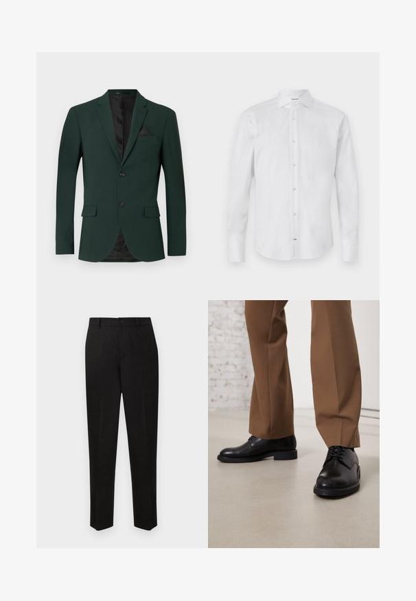 Mørkegrøn blazer med to knapper, almindelige slag og en enkelt brystlomme. Indvendigt er der en sort foring. Glat stofstruktur.; Hvid langærmet skjorte med knapper, lavet af glat stof; har en klassisk krave, lukning med knapper og rundet kant.; Sorte skræddersyede bukser med et straight-leg design, der har lukning med knap og subtil tekstur. Ingen synlige mønstre eller accenter.; Sorte læder sko med glat overflade og rund tå, der har snørebåndslukning og en lav, flad sål. Sammen med brune bukser.