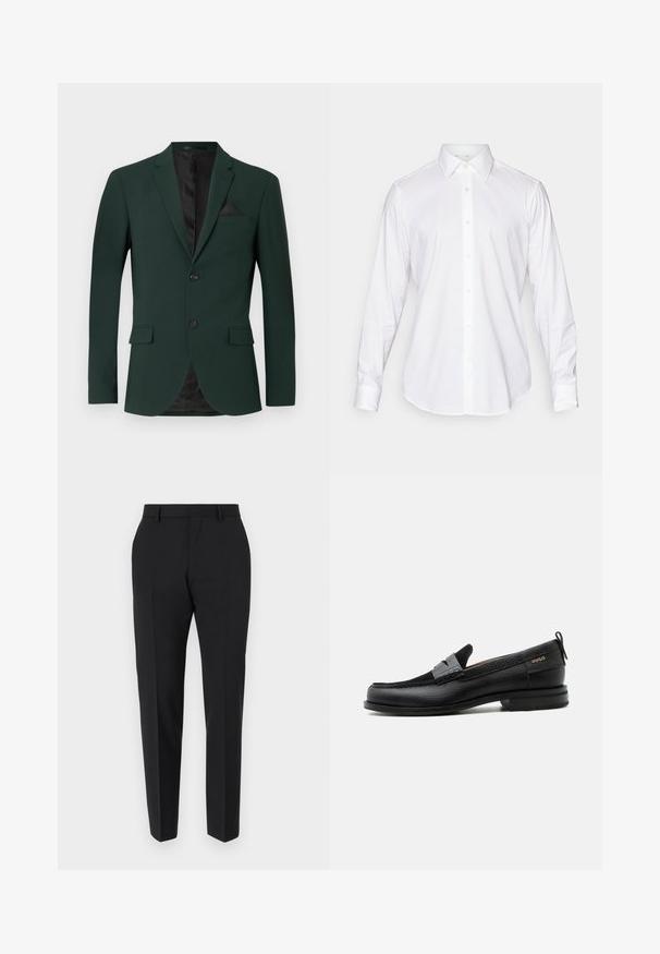 Mørkegrøn blazer med to knapper, almindelige slag og en enkelt brystlomme. Indvendigt er der en sort foring. Glat stofstruktur.; Hvid langærmet skjorte med knaplukning, klassisk krave, glat stof og frontplacket med lette, rundede knapper.; Sorte bukser med et skræddersyet design, flad front, pressefolder og en slank pasform. Lavet af et glat stof for et elegant udseende.; Sort læderloafer med grå remdetalje, lav hæl og tekstureret sål, mærket med "HUGO" i guld på siden.