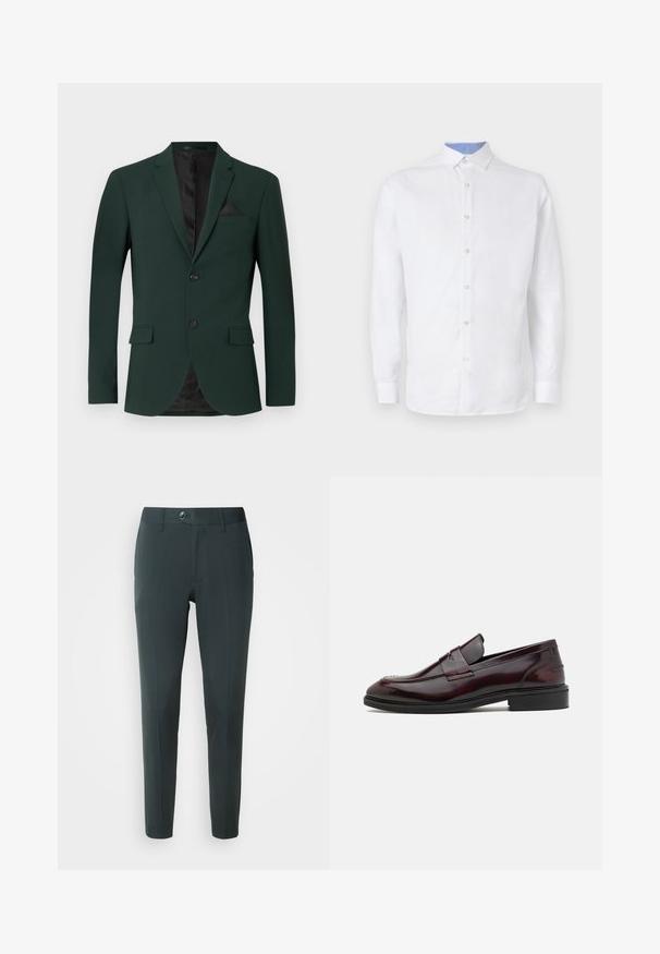 Blazer verde oscuro con dos botones, solapas de muesca y un solo bolsillo en el pecho. El interior tiene un forro negro. Textura de tela suave.; Camisa blanca de manga larga con botones al frente, con un patrón a cuadros azul claro en el interior del cuello y los puños. Textura de tela suave.; Pantalones de color verde oscuro con un corte ajustado, que presentan una parte delantera plana, presillas para cinturón y un cierre de botón único. Textura suave, sin patrones.; Mocasines de cuero burdeos con un acabado suave, acento frontal rectangular y punta redondeada, con una suela de goma negra.