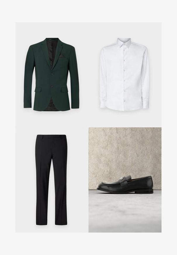 Mørkegrøn blazer med to knapper, almindelige slag og en enkelt brystlomme. Indvendigt er der en sort foring. Glat stofstruktur.; Hvid langærmet skjorte lavet af glat stof, med en klassisk krave, knaplukning og manchetter med knapper, vist på en ensfarvet baggrund.; Sorte skræddersyede bukser med lige ben, der har en glat overflade, plissee foran og en klassisk talje for et formelt udseende.; Sort læderloafer med metalbrandskilt hvilende nær et brunt rundt bord på beige tæppe.