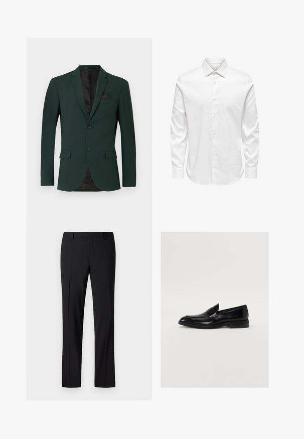 Blazer verde oscuro con dos botones, solapas de muesca y un solo bolsillo en el pecho. El interior tiene un forro negro. Textura de tela suave.; Camisa de vestir blanca para hombre de manga larga con cuello puntiagudo y fila frontal de botones blancos sobre un fondo liso.; Pantalones negros ajustados con un diseño de pierna recta, que presentan una textura suave, pliegues frontales y una cinturilla clásica para un aspecto formal.; Mocasín de cuero negro con puntera redondeada, costuras sutiles y un acabado suave. Presenta un tacón bajo apilado y una correa sobre el empeine.