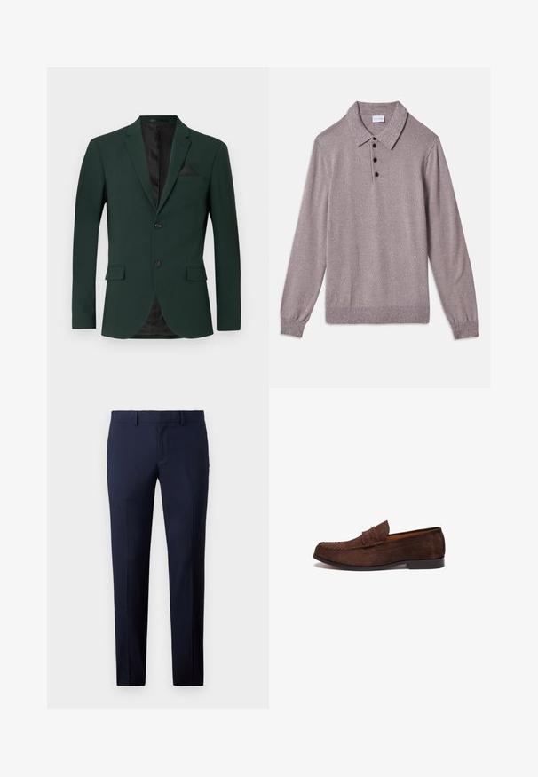 Blazer verde oscuro con dos botones, solapas de muesca y un solo bolsillo en el pecho. El interior tiene un forro negro. Textura de tela suave.; Camisa polo de manga larga de color lavanda con textura, cuatro botones oscuros y puños, cuello y dobladillo acanalados, dispuesta sobre un fondo blanco.; Pantalones ajustados de color azul marino con corte entallado, piernas rectas, textura suave y presillas para cinturón, adecuados para vestimenta formal o de negocios.; Mocasines de ante marrón con detalles de costura, suela plana y cuello elevado. Textura suave y diseño minimalista.