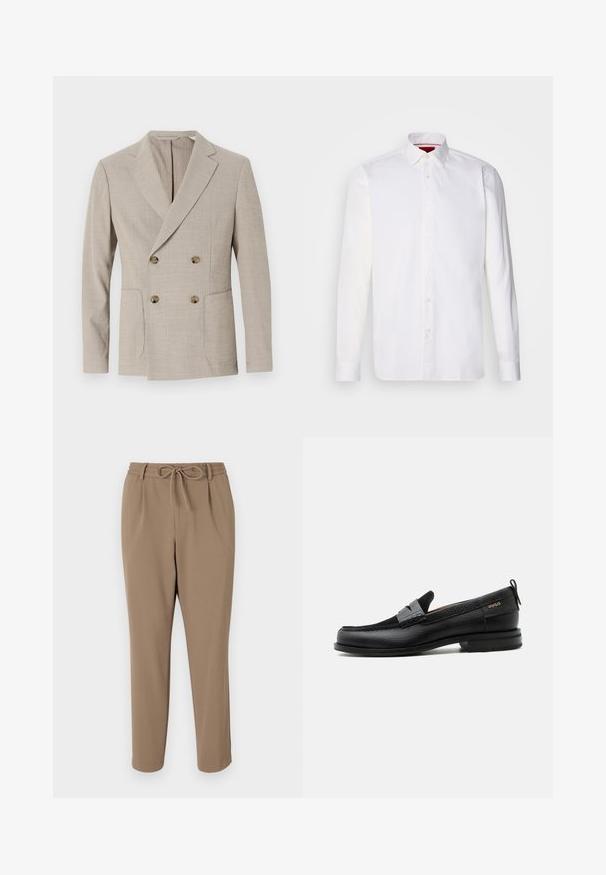 Beige dubbelzijdig blazer met een gestructureerd streep patroon, notch revers en twee voorkeurszakken. Bevat ronde messing knopen.; Witte overhemd met lange mouwen van katoen, met een klassieke kraag, een voorkant met knopen en een gladde textuur. Rode details aan de binnenkant van de kraag.; Beige tapsbroek met een trekkoord in de taille, zijzakken en een gladde textuur. Geen zichtbare patronen of extra accenten.; Zwarte leren loafer met grijs riemdetailelement, lage hak en gestructureerde zool, aan de zijkant gebrandmerkt met "HUGO" in goud.