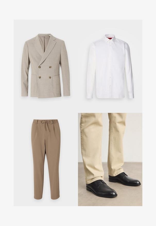 Beige dobbeltradet blazer med et struktureret stribemønster, notch-revers og to forlommer. Har runde messingknapper.; Hvid langærmet skjorte lavet af bomuld, med en klassisk krave, frontplacket med knapper og en glat tekstur. Rød detalje på den indre krave.; Beige tapered bukser med snor i taljen, sidelommer og en glat tekstur. Ingen synlige mønstre eller yderligere accenter.; Sorte læder snørebåndssko med rund tå, glat finish og diskrete syninger, båret med lyse beige bukser.