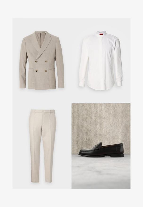 Beige dubbelzijdig blazer met een gestructureerd streep patroon, notch revers en twee voorkeurszakken. Bevat ronde messing knopen.; Wit overhemd met lange mouwen en een hoge kraag, gemaakt van katoen. Voorzien van een knoopsluiting aan de voorkant, minimalistisch design en subtiele branding aan de binnenkant van de kraag.; Beige op maat gemaakte broek van gestructureerde stof, met een klassieke snit, persplooien en zijzakken.; Zwarte leren penny loafer met lage hak, afgeronde neus en gestikte details langs de voorkant en zijkanten, afgebeeld op een neutrale achtergrond.