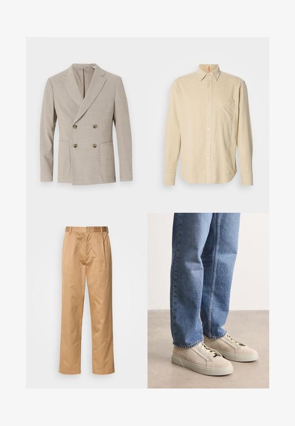 Beige dubbelzijdig blazer met een gestructureerd streep patroon, notch revers en twee voorkeurszakken. Bevat ronde messing knopen.; Beige corduroy overhemd met lange mouwen, kraag, voorzak, knoopsluiting en textuur van verticale lijnen. Rond afgewerkte zoom en met knopen sluitende manchetten.; Khaki broek, katoenmix, recht model, voorplooien, riemlussen en knoopsluiting. Gladde textuur zonder patronen.; BOSS GARYTENN_SDHDEL - Sneakers laag - natural ten