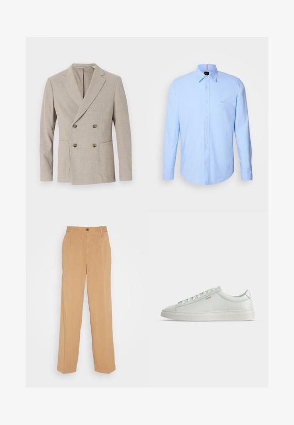 Blazer beige de doble botonadura con un patrón de rayas texturadas, solapas acentuadas y dos bolsillos frontales. Presenta botones redondos de latón.; Camisa de manga larga de color azul claro, fabricada en algodón, con cuello tipo button-down, cierre frontal de botones y bordado sutil de logotipo en el pecho.; Pantalones de pierna ancha en beige, fabricados con tejido suave, que cuentan con dos bolsillos frontales, un cierre de botón y detalles de pliegues a lo largo de las piernas.; Zapatilla blanca de cuero de corte bajo con cordones, suela plana y pequeño logo dorado "BOSS" en el lateral, vista desde el lado exterior.
