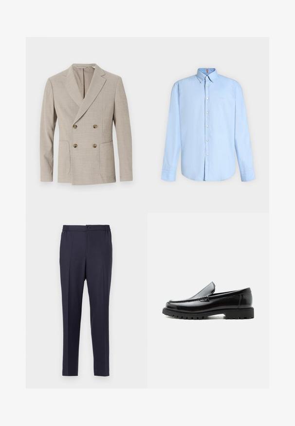 Beige einreihiger Blazer mit strukturiertem Streifenmuster, Reverskragen und zwei vorderen Taschen. Ausgestattet mit runden Messingknöpfen.; Hellblaues Hemd mit langen Ärmeln, Knopfleiste und geknöpftem Kragen sowie weißen Knöpfen, dargestellt auf einfachem hellem Hintergrund.; Navyblaue Hose mit flacher Front, elastischem Bund und Knopfverschluss. Gerader Schnitt und glatte Textur, geeignet für formelle oder legere Anlässe.; Schwarzer Lederloafer mit grober Gummisohle, genähter Oberseite und geprägtem Markennamen an der Ferse, seitlich auf weißem Hintergrund gezeigt.