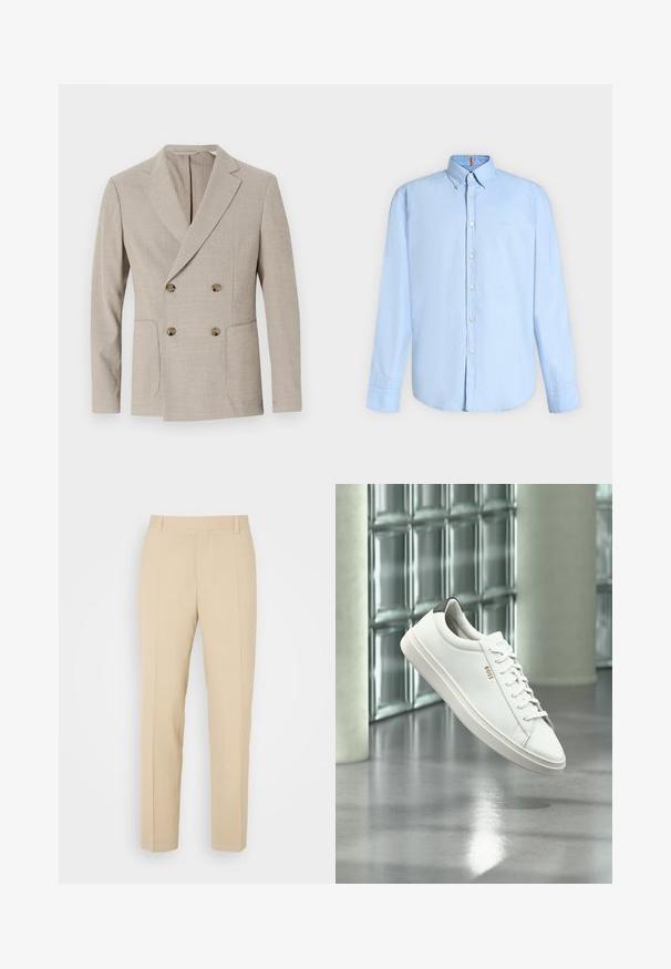 Blazer beige de doble botonadura con un patrón de rayas texturadas, solapas acentuadas y dos bolsillos frontales. Presenta botones redondos de latón.; Camisa azul clara de manga larga con botones, cuello abotonado y botones blancos, mostrada sobre un fondo liso y claro.; Pantalones de color beige ajustados con un diseño de pierna recta, elaborados en una tela ligera, que presentan dos bolsillos frontales y pliegues bien planchados.; Zapatilla deportiva de piel blanca de corte bajo con cordones, lengüeta negra en el talón y logo "BOSS", flotando en interiores cerca de una pared de bloques de vidrio y suelo pulido.