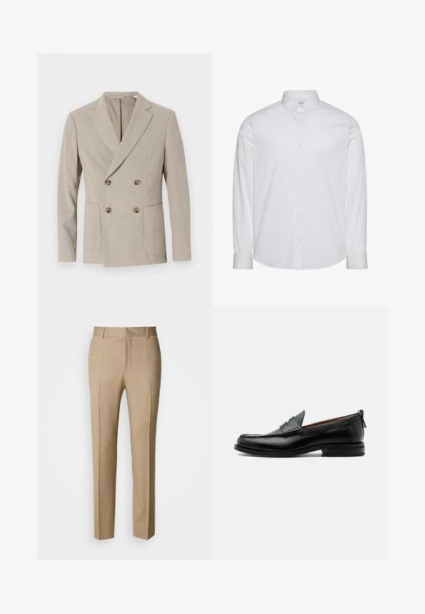 Beige dubbelzijdig blazer met een gestructureerd streep patroon, notch revers en twee voorkeurszakken. Bevat ronde messing knopen.; Witte, lange mouwen, katoenen overhemd met knopen. Voorzien van een standaardkraag, een voorste knopenlijst en een afgeronde zoom. Subtiel merklogo.; Beige op maat gemaakte broek met een gestructureerde stof, een vlak voorkant en rechte pijpen. Voorzien van zijzakken en riemlussen, voor een verzorgde uitstraling.; Zwarte leren herensloffen met moc toe stiksel, pennyriem, gestructureerde kraag en lage gestapelde hak op witte achtergrond.