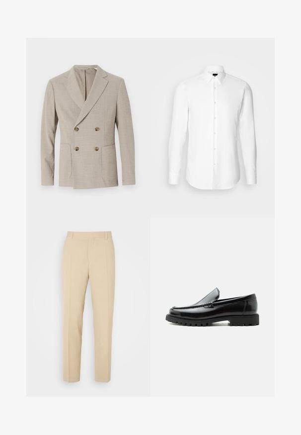 Beige dubbelzijdig blazer met een gestructureerd streep patroon, notch revers en twee voorkeurszakken. Bevat ronde messing knopen.; Witte blouse met lange mouwen, knoopsluiting aan de voorkant, klassieke kraag, gemaakt van gladde stof met een subtiele textuur, ontworpen voor een aansluitende pasvorm.; Beige op maat gemaakte broek met een recht gesneden ontwerp, gemaakt van lichtgewicht stof, met twee voorzakken en nette, geplooide vouwen.; Zwarte leren loafer met dikke rubberen zool, gestikte bovenkant en gegraveerde merknaam op de hiel, zijaanzicht op witte achtergrond.