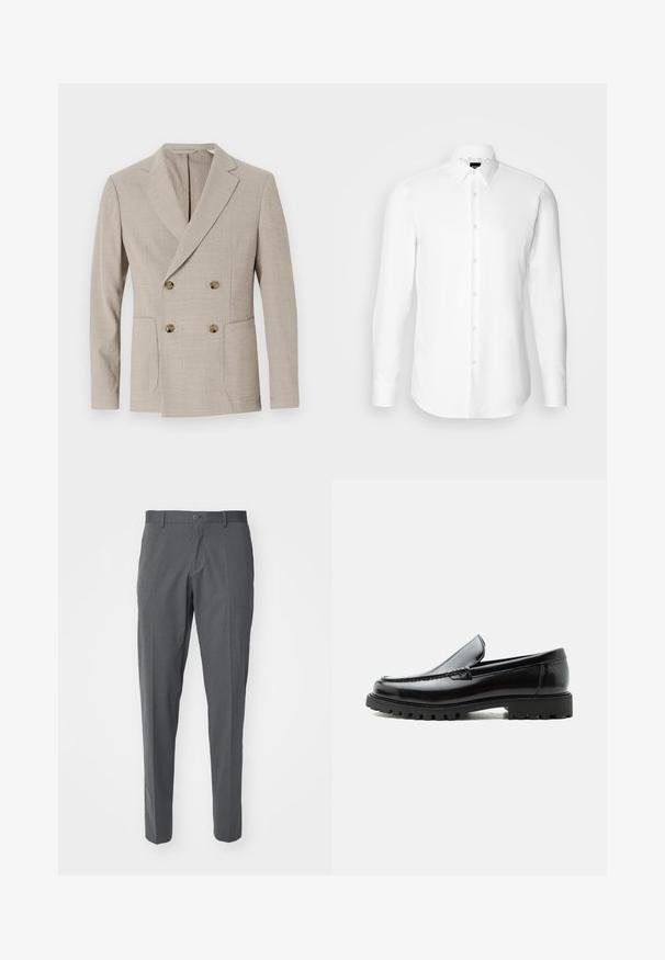 Beige dobbeltradet blazer med et struktureret stribemønster, notch-revers og to forlommer. Har runde messingknapper.; Hvid skjorte med lange ærmer, knaplukning foran, klassisk krave, lavet af glat stof med en subtil tekstur, designet til et tætsiddende udseende.; Grå bukser lavet af et glat stof, der har en knaplukning, forlommer og en slim fit-design.; Sort læderloafer med chunky gummisål, syet overdel og præget mærkenavn på hælen, vist i sideprofil på hvid baggrund.