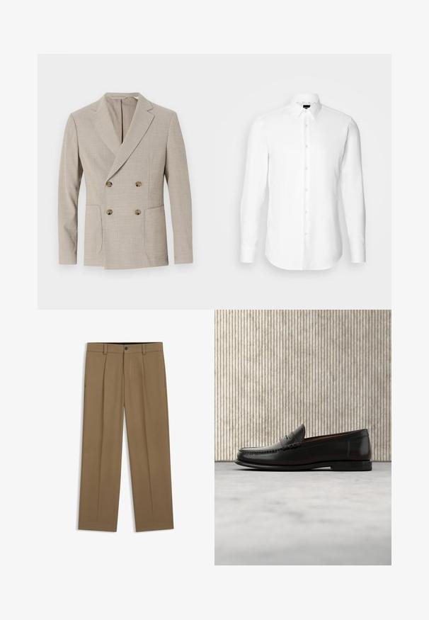 Blazer beige croisé avec un motif rayé texturé, revers crantés et deux poches avant. Doté de boutons ronds en laiton.; Chemise blanche à manches longues, boutonnée sur le devant, col classique, fabriquée en tissu lisse avec une texture subtile, conçue pour une coupe ajustée.; Pantalon droit marron avec passants de ceinture, bouton sur le devant et fermeture éclair, présenté à plat sur fond blanc.; Mocassin penny en cuir noir avec talon bas, bout arrondi et détails cousus à l'avant et sur les côtés, présenté sur un fond neutre.