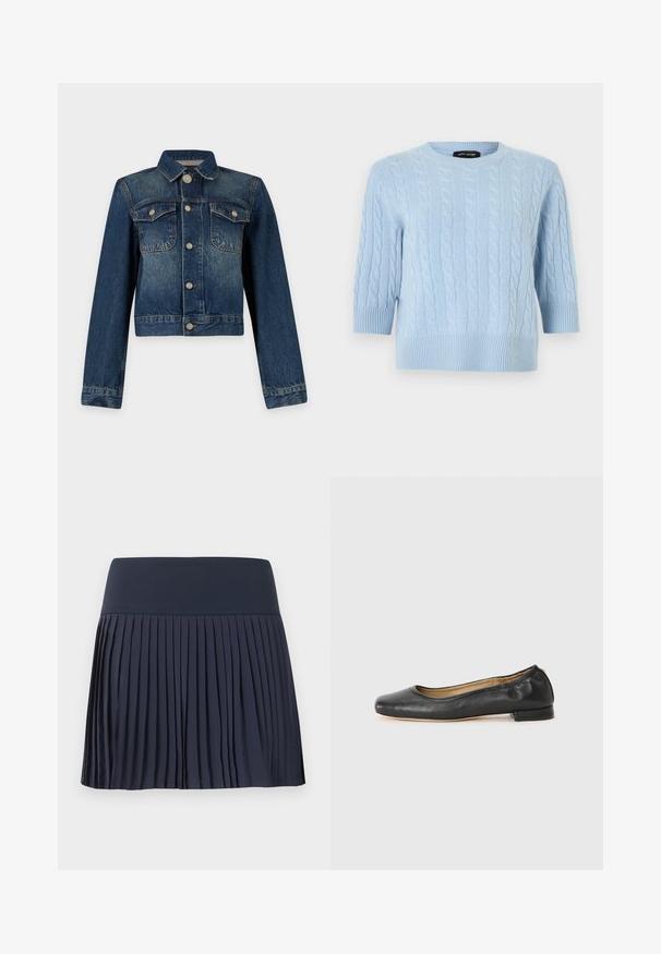 Veste en denim bleu foncé avec manches longues, boutons en métal, deux poches poitrine à rabat et col classique, présentée sur un fond uni.; Pull tricoté bleu clair avec motifs torsadés, col rond, manches longueur coude, poignets et ourlet côtelés, étiqueté Marc Jacobs.; Jupe plissée bleu marine avec une large ceinture plate, longueur genou, réalisée en tissu léger, présentée sur un fond blanc uni.; Ballerines en cuir noir avec un bout arrondi et des coutures minimales. Talon bas et rectangulaire avec une texture lisse. Détails subtils de doublure intérieure.