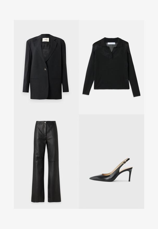 Zwarte op maat gemaakte blazer met een geknipte kraag, enkele knoopsluiting, twee voorzakken en een elegante, gladde structuur.; Zwarte polo met lange mouwen, voorzien van een gestructureerde bovenkant, geribbelde kraag, een drieknoopsluiting en een relaxte pasvorm.; Zwarte hooggetailleerde broek van kunstleer met wijde pijpen, knoop- en ritssluiting en riemlussen op een effen lichte achtergrond.; Zwarte leren slingback-hakken met een spitse neus, verstelbare band en een elegante stiletto-hak, met een gladde afwerking.