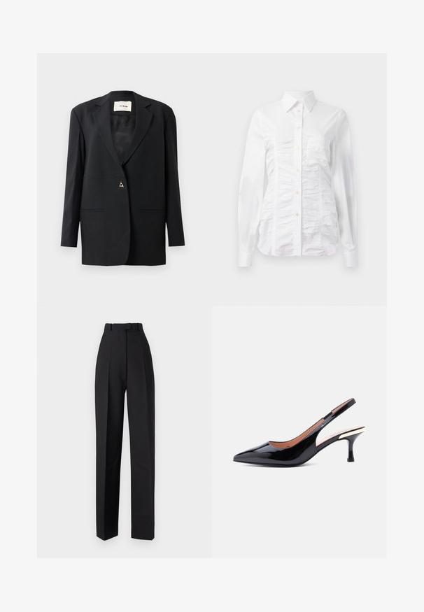 Blazer negro a medida con cuello de muesca, cierre de un solo botón, dos bolsillos frontales y una textura lisa y suave.; Camisa blanca de botones con mangas largas, que presenta una textura fruncida en la parte delantera, pequeños botones dorados y un cuello estándar.; Pantalones negros de talle alto con pliegues, que presentan un diseño a medida y piernas rectas. Confeccionados con un tejido suave, con un detalle mínimo.; Zapato de salón con tira trasera en piel de charol negro, punta puntiaguda y tacón medio con un detalle metálico cerca del tacón.