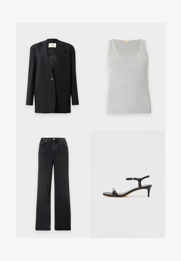 Zwarte op maat gemaakte blazer met een geknipte kraag, enkele knoopsluiting, twee voorzakken en een elegante, gladde structuur.; Grijze geribde tanktop met een ronde hals, gemaakt van een gestructureerde gebreide stof. Heeft een aansluitend silhouet en minimale stikseldetails.; Zwarte wijdvallende jeans van denim. Heeft een hoge taille, twee voorzakken en een knoopsluiting met koperen accenten.; Zwarte leren sandaal met hak, enkelbandje, open neus, vierkante voorkant en zilverkleurige accenten. Gesloten ontwerp met een slank profiel.