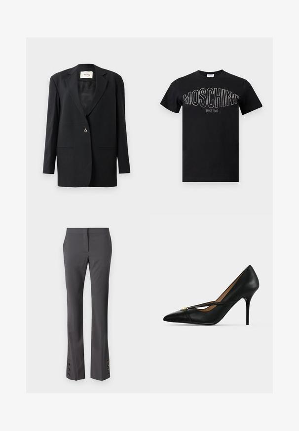 Blazer negro a medida con cuello de muesca, cierre de un solo botón, dos bolsillos frontales y una textura lisa y suave.; Camiseta de algodón negra con cuello redondo y mangas cortas. "MOSCHINO" en detalles de piedras brillantes en el pecho, con "SINCE 1983" debajo.; Pantalones gris ajustados con un corte recto, acentos de botones en el dobladillo y una textura suave. Presentan una parte delantera plana y bolsillos laterales.; Zapato de tacón alto de cuero negro con punta afilada y una delgada correa en la parte superior asegurada con una pequeña hebilla dorada sobre un fondo liso.