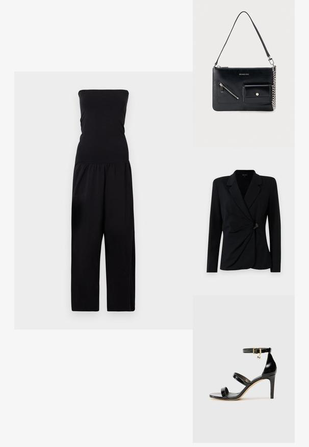 Sort, skræddersyet blazer med lange ærmer, der har en notch-krave, draperet frontdesign og en enkelt sort knaplukning. Fremstillet af glat stof.; By Malene Birger MARCIEL - Buksedragter - black; Sorte patenterede lædersandaler med tre stropper, ankelspænde og 10 cm stiletthæl. Har detaljer i guld og et logo charms.; Sort Michael Kors skuldertaske i læder med toplynlås, diagonal lynlåslomme foran, klaplomme med trykknap og sølvkædedetalje.