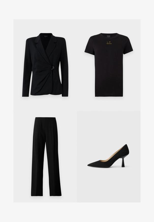 Sort, skræddersyet blazer med lange ærmer, der har en notch-krave, draperet frontdesign og en enkelt sort knaplukning. Fremstillet af glat stof.; Sort kortærmet T-shirt lavet af bomuld. Har et trykt guldlogo på brystet. Klassisk runde hals design. Blød tekstur.; Sorte vidde bukser lavet af glat stof, med en flad talje og frontfald for et skræddersyet look. Ingen synlig hardware eller mønstre.; Sorte ruskinds højhælede pumps med spids tå, der har en blank sort blokhæl og en glat indvendig foring.
