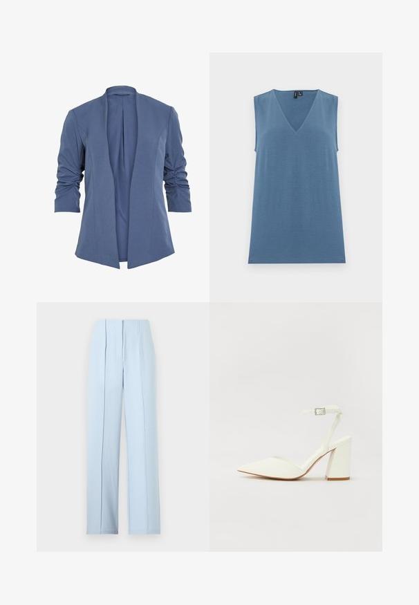 Blå, let blazer med åben front, som har rynkede ærmer, en subtil glans og en glat tekstur. Skræddersyet pasform med en moderne form.; Ærmeløs blå strikket top med V-hals, lige kant og en glat tekstur, vist på en ensfarvet hvid baggrund.; Lyseblå vidde bukser med høj talje, frontplisseringer og skjult lynlåslukning på ensfarvet baggrund.; Hvide hælede sandaler med spids tå, justerbar ankelrem og en kraftig firkantet hæl. Glat tekstur med minimale syninger.