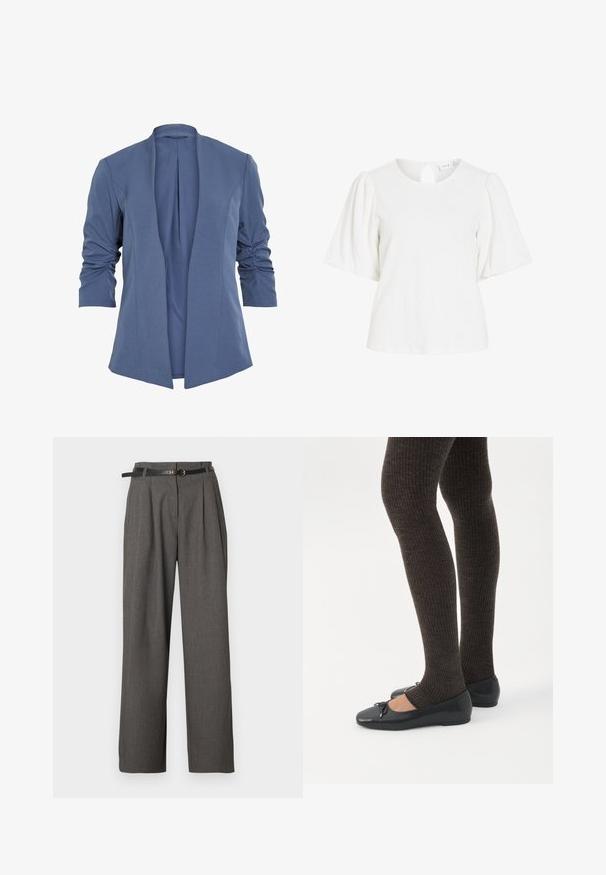 Blazer azul, ligero, con frente abierto, que presenta mangas fruncidas, un sutil brillo y una textura suave. Corte ajustado con una forma moderna.; Blusa blanca con tejido texturizado, escote redondo, mangas cortas abullonadas y un pequeño cierre con botón tipo ojo de cerradura en la parte trasera.; Pantalones de vestir grises de talle alto con pliegues y bolsillos laterales, combinados con un cinturón negro fino con hebilla redonda dorada.; Piernas con leggings oscuros acanalados combinados con bailarinas negras que presentan pequeños detalles de lazo sobre un fondo blanco.