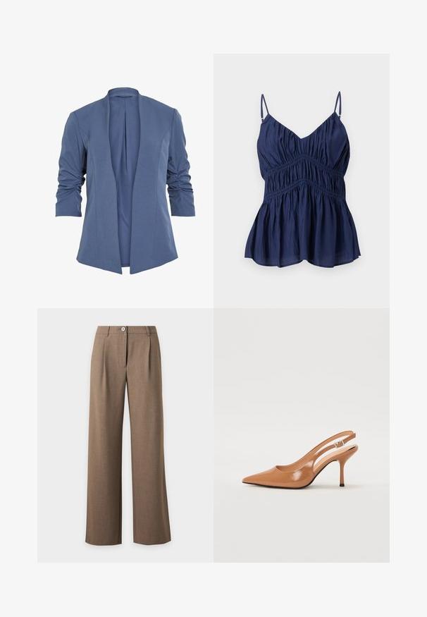 Blå, let blazer med åben front, som har rynkede ærmer, en subtil glans og en glat tekstur. Skræddersyet pasform med en moderne form.; Marineblå ærmeløs top med tynde justerbare stropper, V-halsudskæring og rynket elastikdetalje over bryst og talje, udvidende ved kanten.; Brune højtaljede bukser med vide ben, knap- og lynlåslukning samt forreste plisseringer på en ensfarvet lys baggrund.; Spids tå slingback hæl i et glat, blankt tan materiale. Har et buet udskæring design og en slank stiletto hæl. Sølv spænde detalje.