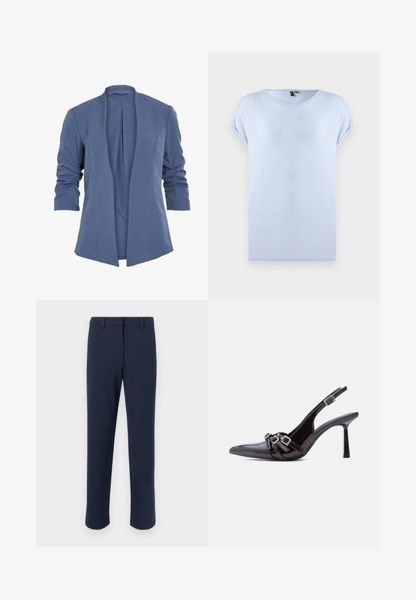 Blå, let blazer med åben front, som har rynkede ærmer, en subtil glans og en glat tekstur. Skræddersyet pasform med en moderne form.; Lyseblå t-shirt med korte ærmer og rund hals med opbrettede ærmekanter, vist fladt på en hvid baggrund.; Marineblå bukser lavet af et glat stof, med en lige pasform, bæltestropper og forlommer samt et rent, minimalistisk design.; Sort slingback højhælet sko i laklæder med spids tå og tre dekorative spænder over vristen.