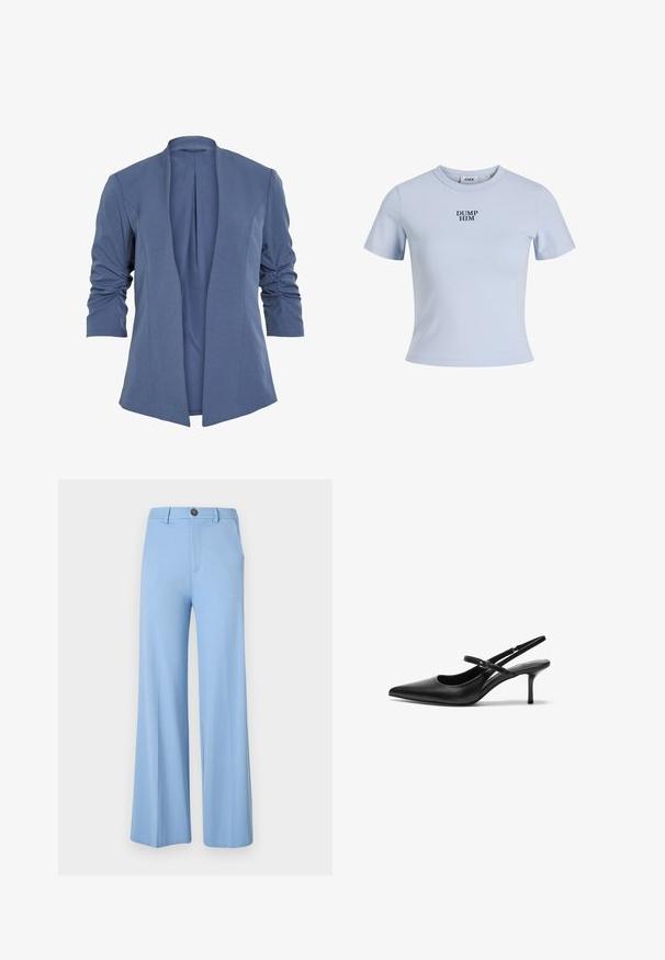Blå, let blazer med åben front, som har rynkede ærmer, en subtil glans og en glat tekstur. Skræddersyet pasform med en moderne form.; Lyseblå kortærmet t-shirt lavet af blødt stof. Har en rund halsudskæring og teksten "DUMP HIM" trykt med fede bogstaver i marineblå.; Lys blå vide bukser lavet af et glat stof, med knaplukning og forlommer. Rent, skræddersyet design uden mønstre.; Sorte læder slingback hæle med spids tå, slank justerbar rem og en stiletto hæl på cirka 5 cm, glat tekstur.