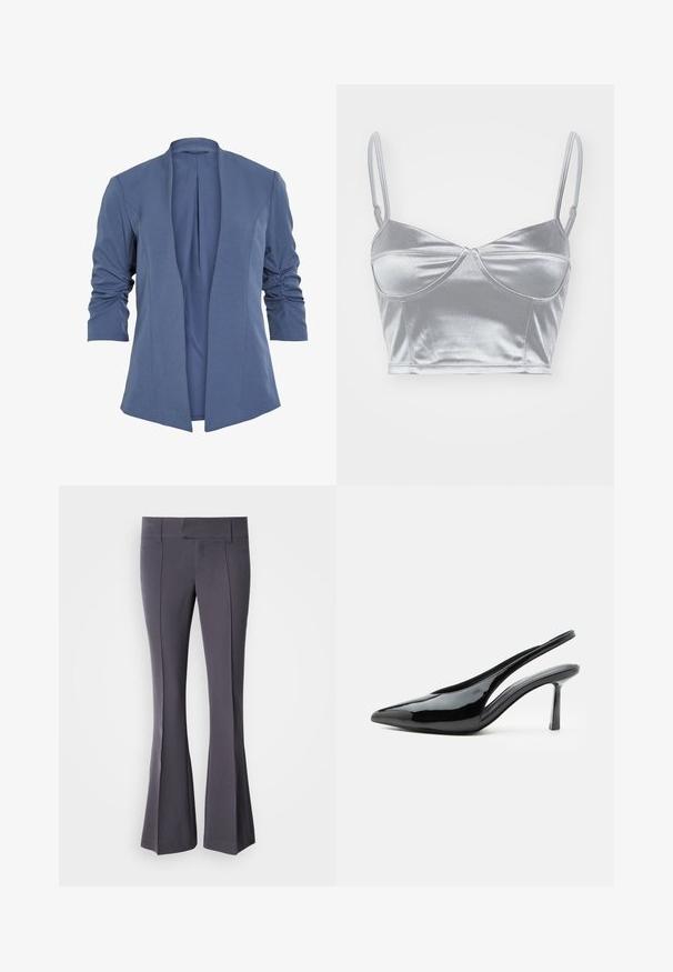 Blazer azul, ligero, con frente abierto, que presenta mangas fruncidas, un sutil brillo y una textura suave. Corte ajustado con una forma moderna.; Bralette de satén plateado con tirantes finos ajustables, escote corazón y diseño retorcido en el centro. Textura suave y brillante.; Pantalones grises acampanados hechos de una tela suave con un ajuste a medida, que presentan líneas de pliegue frontal y una cintura de altura media.; Zapato de tacón alto tipo slingback de charol negro con punta puntiaguda y tacón stilettos delgado sobre fondo blanco.