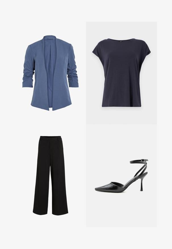 Blauwe, lichtgewicht blazer met een open voorkant, met gerimpelde mouwen, een subtiele glans en een gladde textuur. Getailleerde pasvorm met een moderne vorm.; Navyblauwe top met korte mouwen, een relaxte pasvorm, ronde halslijn en een gladde textuur. Eenvoudig ontwerp zonder patronen of extra accenten.; Zwarte wijde broekspijpen gemaakt van een zachte stof. Kenmerken een aansluitende tailleband met een subtiele plooidetail en een schone, ongecompliceerde ontwerp.; Zwarte pumps met puntige neus, dunne enkelbandjes en een zilveren gesp op een effen lichte achtergrond.
