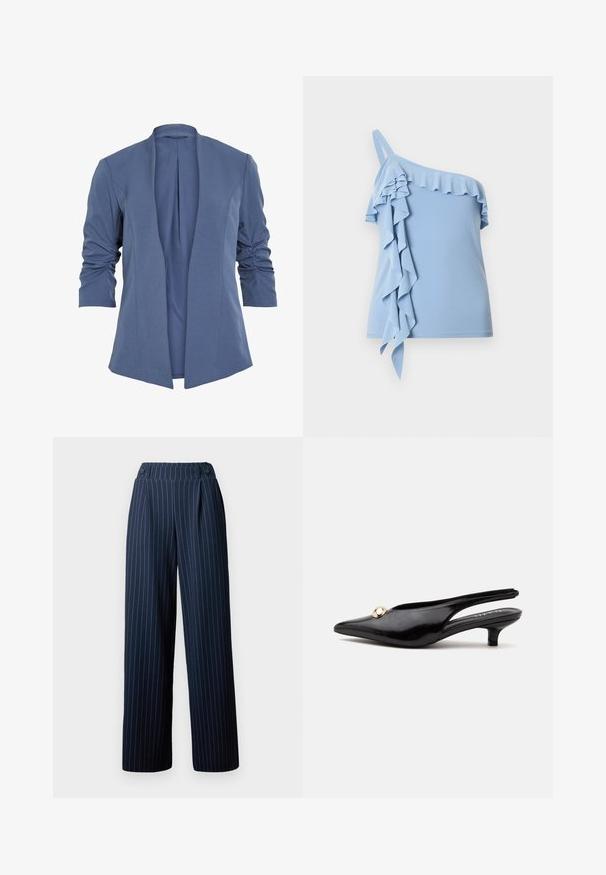 Blauwe, lichtgewicht blazer met een open voorkant, met gerimpelde mouwen, een subtiele glans en een gladde textuur. Getailleerde pasvorm met een moderne vorm.; Lichtblauwe top met één schouder met gerimpelde afwerking langs de halslijn en vallende ruches aan één zijde.; Marineblauwe wijde broek met witte verticale streepjes, geplooide voorkant en een twee knopen sluiting bij de taille, gemaakt van een gladde stof.; Zwarte lakleren slingback kitten heel met een spitse neus en een klein gouden rond ornament bovenop.