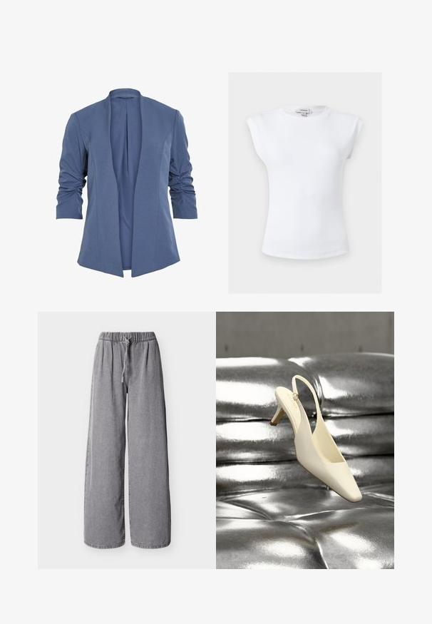 Blazer bleu léger avec un devant ouvert, doté de manches froncées, d'un léger éclat et d'une texture lisse. Coupe ajustée avec une forme moderne.; Haut blanc sans manches côtelé avec épaules rembourrées et col rond, taille petite, étiquette de marque Topshop à l'intérieur du col.; Pantalon gris en jean à jambes larges avec taille élastique et cordon de serrage, présenté à plat sur un fond blanc.; Chaussure à talon kitten slingback crème avec un bout carré reposant sur une surface en cuir argenté capitonnée et brillante.