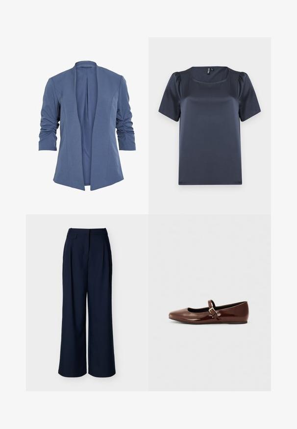 Blazer bleu léger avec un devant ouvert, doté de manches froncées, d'un léger éclat et d'une texture lisse. Coupe ajustée avec une forme moderne.; Haut à manches courtes bleu marine en tissu satin lisse. Doté d'un décolleté carré et de manches bouffantes, avec une coupe droite et sans motifs apparents.; Pantalon large bleu marine à taille haute avec des plis avant, présenté sur un fond blanc uni.; Ballerine en cuir verni marron avec un bout carré et une lanière ornée d'une petite boucle dorée. Texture lisse, talon bas et design minimaliste.