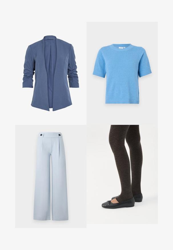 Blazer bleu léger avec un devant ouvert, doté de manches froncées, d'un léger éclat et d'une texture lisse. Coupe ajustée avec une forme moderne.; Haut à manches courtes en tricot bleu clair avec un motif texturé, un col rond et des accents côtelés aux manches et à l'ourlet.; Pantalons larges bleu clair avec une taille plate, des plis et deux boutons noirs à la taille. Fabriqués en tissu lisse avec une finition soignée.; Jambes portant des leggings côtelés foncés associés à des ballerines noires avec de petits détails en nœud sur fond blanc.