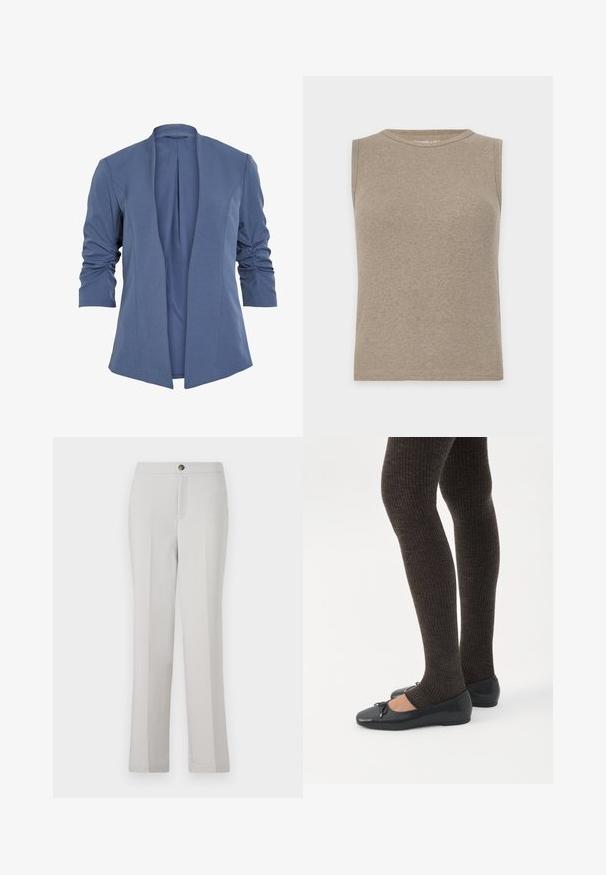 Blaues, leichtes Blazerjackett mit offenem Vorderteil, gerafften Ärmeln, einem subtilen Glanz und einer glatten Textur. Taillierter Schnitt mit moderner Form.; Ärmelloses, geripptes Stricktop in Beige mit rundem Ausschnitt, für lässiges Tragen entworfen.; Hellegraue gerade geschnittene Hose aus glattem Stoff, mit einer Frontknopfverschluss, seitlichen Taschen und einer taillierten Passform.; Beine in dunklen, gerippten Leggings kombiniert mit schwarzen Ballerinas mit kleinen Schleifendetails auf weißem Hintergrund.
