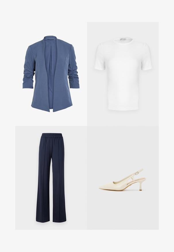 Blazer bleu léger avec un devant ouvert, doté de manches froncées, d'un léger éclat et d'une texture lisse. Coupe ajustée avec une forme moderne.; T-shirt blanc à manches courtes, côtelé, col rond avec une coupe ajustée et une petite étiquette de marque à l'intérieur du col.; Pantalons larges bleu marine avec taille élastique, fabriqués en tissu doux et lisse. Présentent des lignes épurées et une silhouette décontractée.; Talons slingback beiges en cuir lisse. Présentent un bout pointu, un design découpé et un petit talon cylindrique pour plus de stabilité.