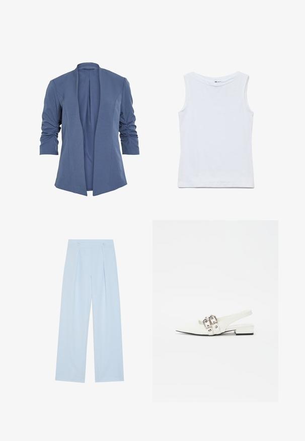 Blå, let blazer med åben front, som har rynkede ærmer, en subtil glans og en glat tekstur. Skræddersyet pasform med en moderne form.; Ærmeløs hvid bomuldstop med bred rund halsudskæring og lige kant, vist fladt på en hvid baggrund.; Lysblå brede bukser med to frontplisseringer, to knapper i taljen og en glat stofstruktur.; Hvide læder slingback sko med spids tå, sølv spænde detaljer og en lav blokhæl. Glat tekstur med minimal dekoration.