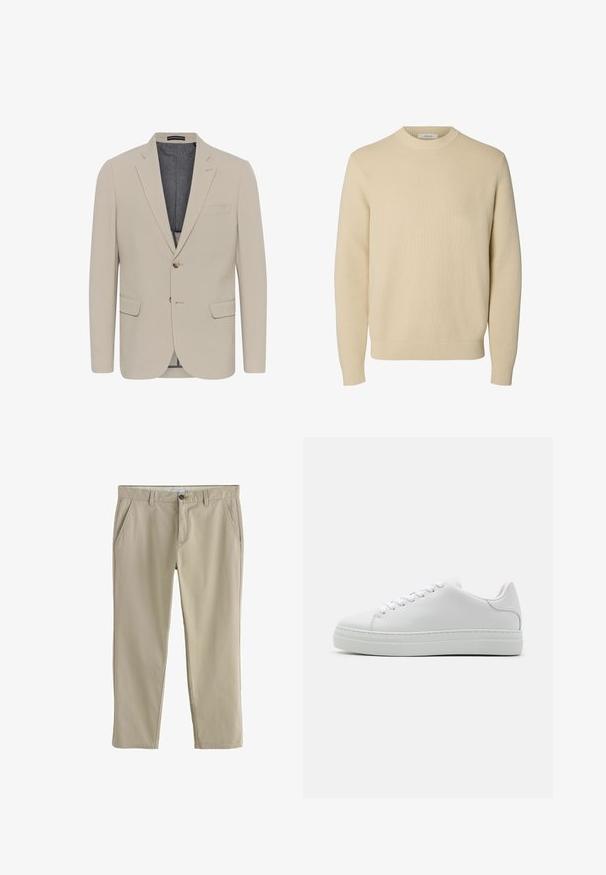 Beige Blazer mit glatter Textur, zwei Fronttaschen, einreihigem Design und einem Knopfverschluss; verfügt über ein kontrastierendes Innenfutter.; Schlichter beiger Rundhals-Strickpullover mit langen Ärmeln und gerippten Bündchen und Saum.; Beige Hose mit geradem Bein, Seitentaschen, Gürtelschlaufen und Knopfverschluss in der Taille.; Weiße Ledersneaker mit einer klobigen Plattformsohle, runder Zehenpartie und sechs Ösen. Glatte Textur mit subtilen Stichdetails.