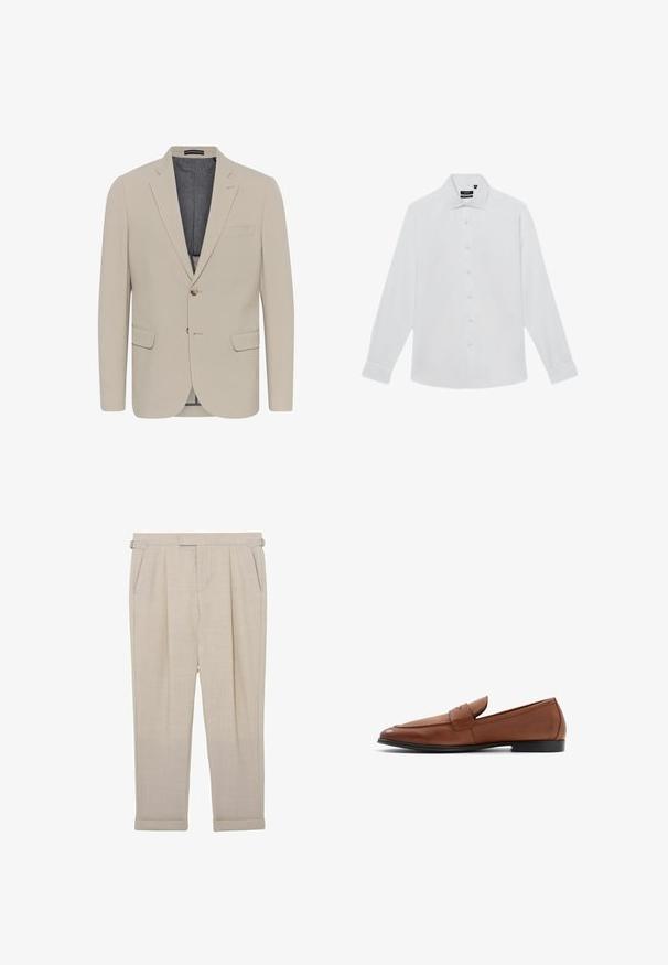 Beige blazer met een soepele textuur, twee voorzakken, een eenknops ontwerp en sluiting met één knoop; heeft een contrasterende binnenvoering.; Witte blouse met lange mouwen en knopen, met puntige kraag en manchetten, plat uitgestald op een witte achtergrond.; Beige op maat gemaakte broek met verstelbare riempjes aan de zijkant, plooien, zijzakken en omgeslagen zomen, plat weergegeven op een witte achtergrond.; Bruine leren instappers met een lage silhouette, ronde neus en gestikte details op de schacht. Effen zwarte zool met een gladde afwerking.